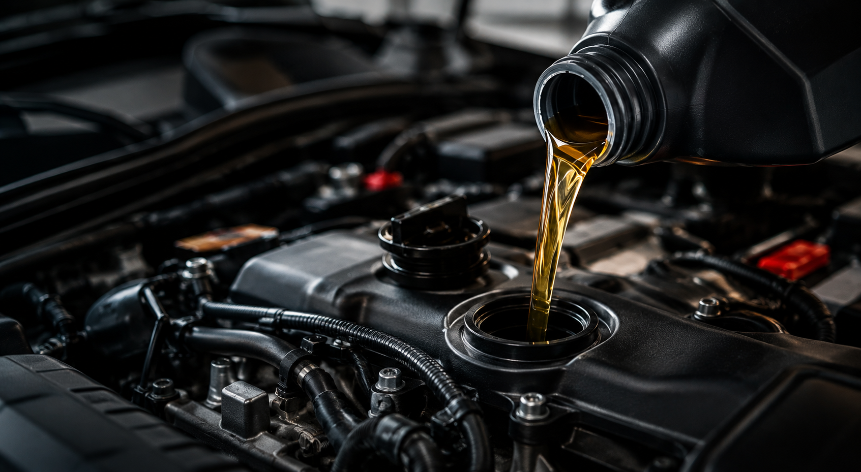 Fresh engine oil being poured during a mobile oil change
